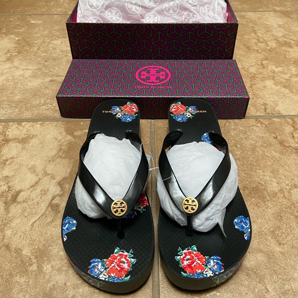 Tory Burch Wedge Flop Flops Black Tea Rose Floral